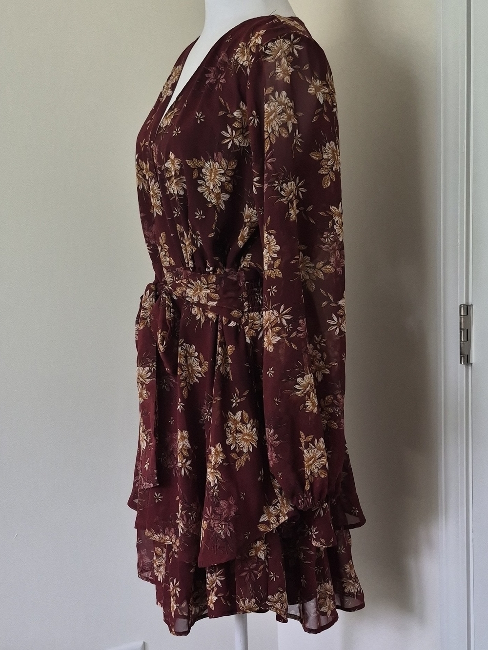 Japna Burgundy Floral Tie-Waist Long-Sleeve Dress Size XL - Picture 4 of 10